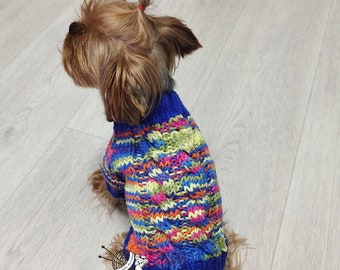 Bright sweater for dogs, Dog sweater organic knitted, Blue Pet jacket for dogs