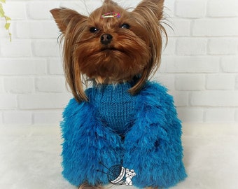 Fluffy dog sweater turquoise, Dog jumper fur handmade