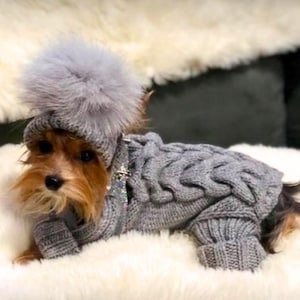 knitted dog jumpsuit, small dogs warm winter clothes, dog pom pom hat, costume for dog knit