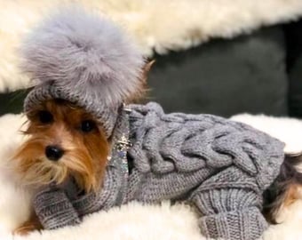 knitted dog jumpsuit, small dogs warm winter clothes, dog pom pom hat, costume for dog knit