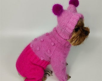 Small Dog Jumpsuit, Dog costumes knitted, dog hat, knit sweater and hat for yorkie puppy