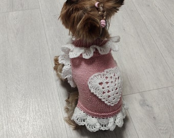 Small dog pink sweater dress - Hand knitted pet outfit -  Pet clothing gift - Small dog clothes chihuahua & yorkis