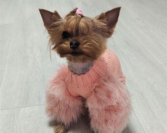 Fluffy pink sweater for small dogs, Handmade sleeve dog sweater chihuahua & yorkie