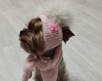 Hat and scarf dogs & cats winter, Hat for small dogs pink, Small dog clothes chihuahua and yorkie