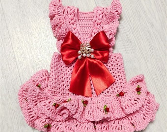 Pink knitted dog dress custom , Handmade sweater for small dogs