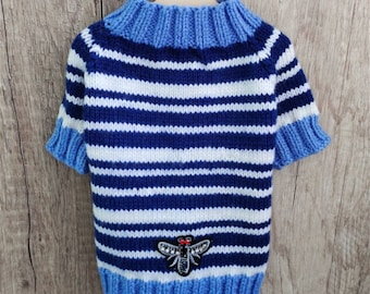 Hand-knitted blue and white striped sweater small dogs - Pet fashion - Winter dog sweater - Chihuahua clothes and yorkies