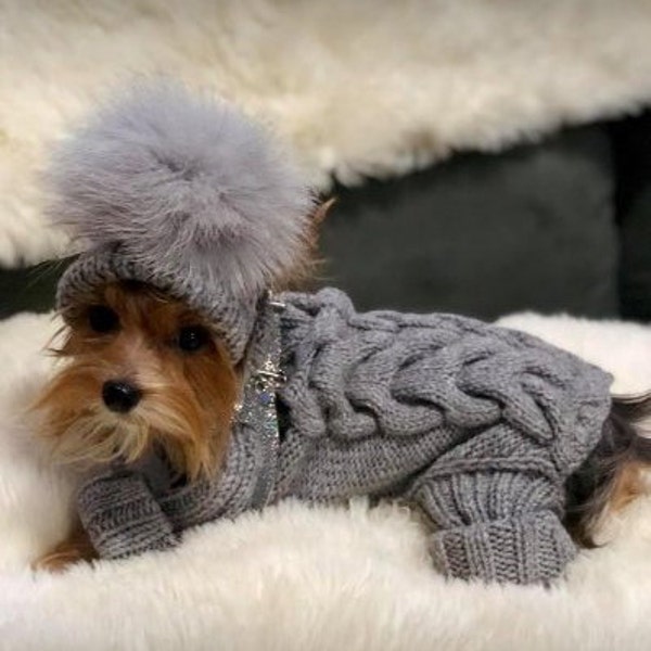 knitted dog jumpsuit, small dogs warm winter clothes, dog pom pom hat, costume for dog knit