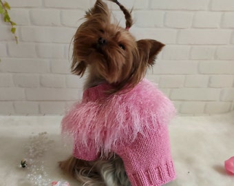 Pink sweater for dogs, Knit dog sweater medium size, Dog sweater with fur