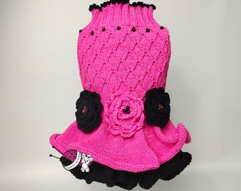 Knitted dress for dogs, ruffled dog dress, Small dog dress, flowers dog sweater