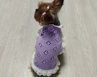 Handmade lilac summer dress for small dogs, Ruffle dog dress knitted, Fashion dog dress