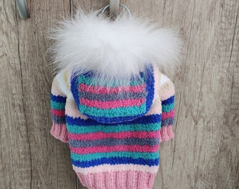 Hood dog sweater striped , Winter dog jacket, Dog sweater for small dogs