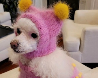 Pink hat for dogs, Dog pom pom hat, Hat for dogs with closed ears, Hat dog knit