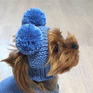 Custom dog hat with pom poms and neck Knitted dog small hats yorkie and chihuahua