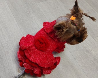 Red ruffle dog dress, Knitted dog sweater, Small dog dress knit