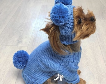 Pompom dog hat, Small pet sweater blue, Custom sweater dogs