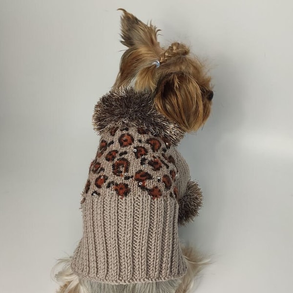 Leopard-print dog sweater, pet jacket with faux fur