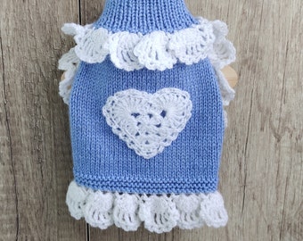 Blue knit sweater for small dogs  Pet apparel handmade jacket for Tiny Pups