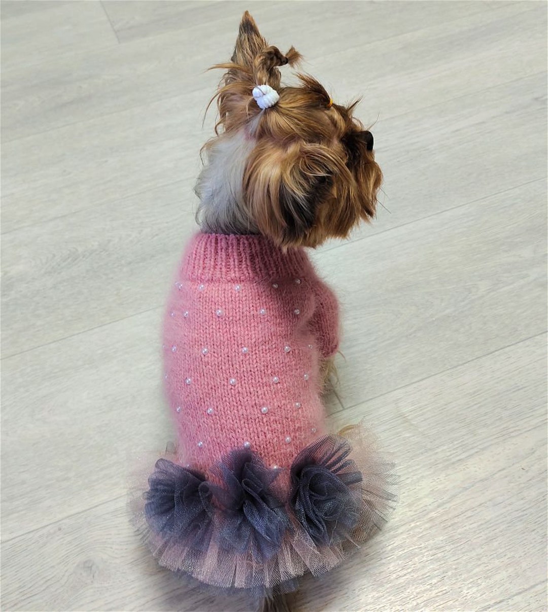 Pink Dog Sweater Knitted Dog Dress Flower Handmade Dog Etsy