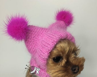 Rosa gestrickte Hundemützen, Hund Pom Pom Mütze, Welpen Mütze, Mützen für Hunde, Yorkie Hundemütze, Geschenke für Haustiere, Yorkie-Hundekleidung, Chihuahua Kleidung