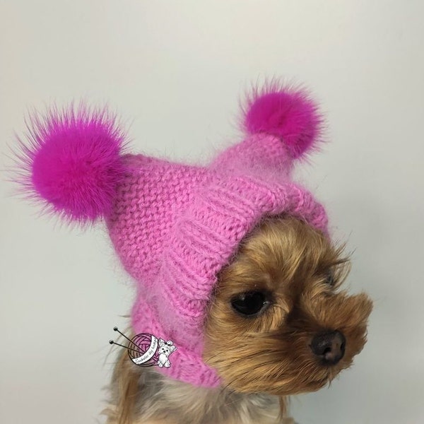 pink knitted dog hats, dog pom pom hat, puppy hat, caps for dogs, yorkie dog hat, gifts for pets, yorkie dog clothes, chihuahua clothing