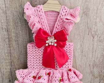 Handmade pink dog dress ruffle, Yorkie clothes girl crocheted