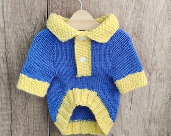 Handmade blue dog sweater with collar, Extra dog clothes for small, Dog knit Jacket