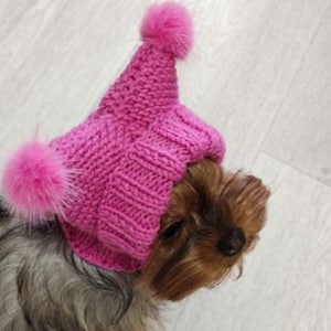 Pink dog hat with handmade pompoms custom, Puppy hat knitted, Caps for dogs yorkie and chihuahua