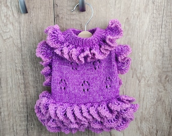 Purple handmade dog dress ruffle, Dog clothes girl, Knitted dog sweater