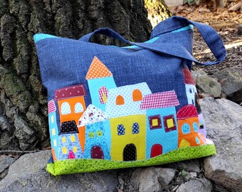 Fairytale Houses Shoulder Bag Tote Denim Applique Free Hand Machine Embroidery