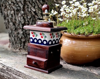 Manual coffee grinder, Coffee grinder, Handmade wooden and ceramic grinder, Porcelain and Wood