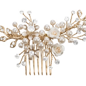 Cia - back in stock - Rose Detail Small Bridal Hair Comb, Rose Comb Bridal, White Pearl and Rose Bridal Hair Comb