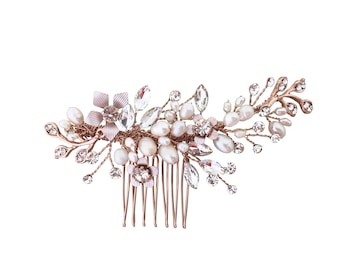 Gena - Flower Detail Small Bridal Hair Comb, Flower Comb Bridal, Fresh Water Pearl and Flower  Bridal Hair Comb
