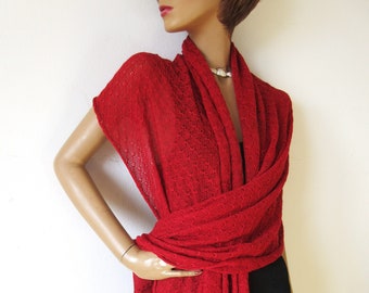 Rote Stola Baumwollmix, xl Damen Schal vegan, hautfreundliches Tuch gestrickt, Umschlagtuch Wrap Sommer, Schultertuch kratzfrei, Umhang