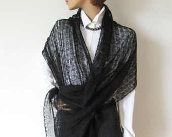 Stole black mohair silk, festive scarf for evening dress, elegant lace shawl, knitted cape mourning, wrap pure natural fiber