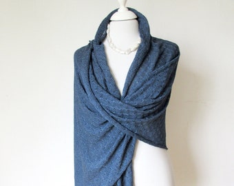 Blue silk scarf knitted, elegant scarf ladies handmade, luxury stole pure natural fiber, sustainable shawl wrap indigo blue