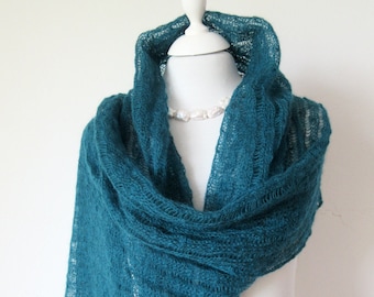 Stola teal Mohair, gestricktes Tuch petrol, Damen Schal dunkel-cyan, Umschlagtuch Wrap, Geschenk Frauen, Schultertuch blaugrün, Trachtentuch