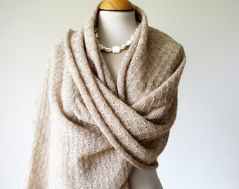 Stole made of natural wool, ladies scarf knitted beige brown, ecological stole natural fashion, timeless wrap camel colored, gift woman