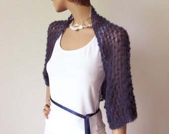 Damen Bolero gestrickt, Shrug Mohair blau, Schulterwärmer mit Spitzenmuster, Hochzeit Jäckchen halblange Ärmel, Oberteil Trachtenhochzeit