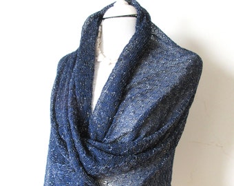 Dark blue stole with lurex, knitted shawl for evening dress, midnight blue scarf, silver shine, vegan holiday stole, gift for woman