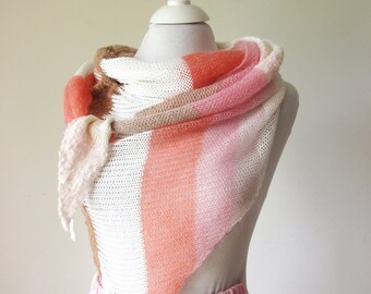 Knitted women's scarf in summery colors, light triangular scarf cotton silk