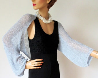 Bolero blue viscose, shrug with long sleeves, vegan jacket summer, light shoulder warmer, knitted women's top size M