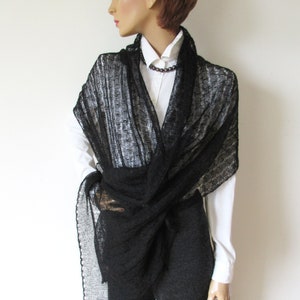 Stole black mohair silk, festive scarf for evening dress, elegant lace shawl, knitted cape mourning, wrap pure natural fiber