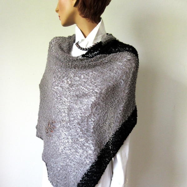 Leichter Damen-Poncho grau schwarz, gestrickter Überwurf aus Wolle, halbtransparentes Cape, asymmetrisches Oberteil für Lagenlook, Größe S