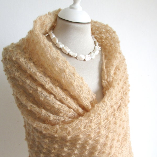 Mohair stole with lace pattern, knitted bridal shawl tan beige, unique wedding cape, mother of the bride shawl, festive shawl