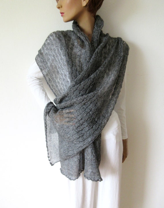 Grey Stole With Silver Lurex, Evening Dress Shawl, Knitted