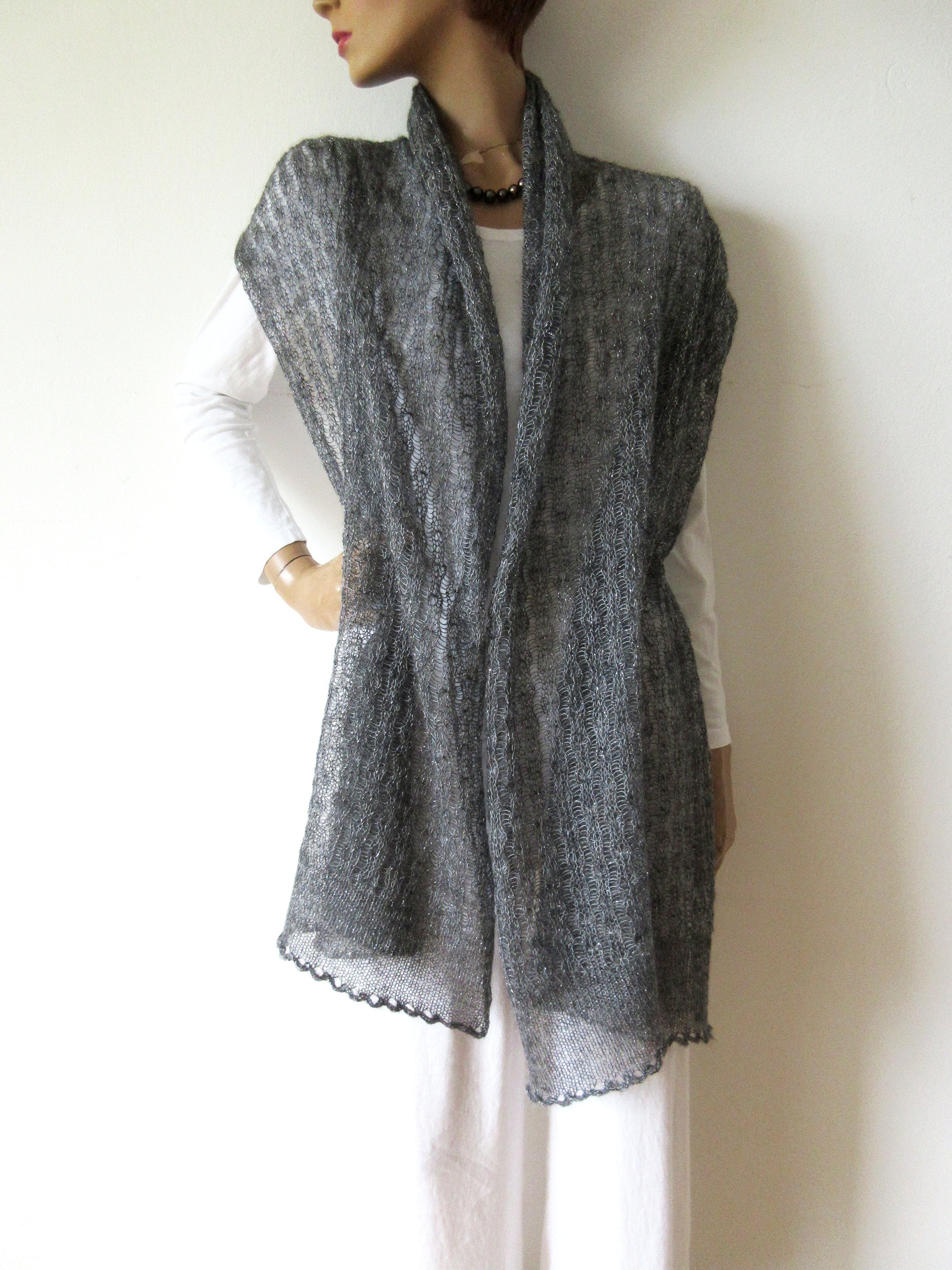 Grey Stole With Silver Lurex, Evening Dress Shawl, Knitted Mohair