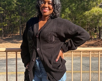 Black Delta Sigma Theta Cardigan, Chenille Embroidery, V-Neck Knit Sweater