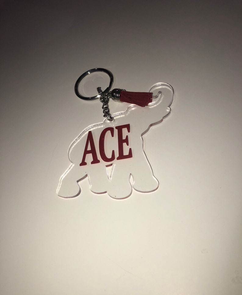 May include: A white acrylic elephant keychain with a red tassel and the word "ACE" in red lettering.