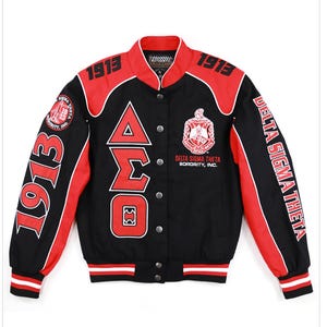 May include: A black and red varsity jacket with the letters "ΔΣΘ" and the text "Delta Sigma Theta Sorority, Inc." on the front. The sleeves have the year "1913" on them.