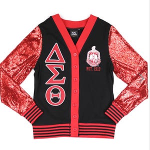 Delta Sigma Theta sequin cardigan, Sweater. red and black